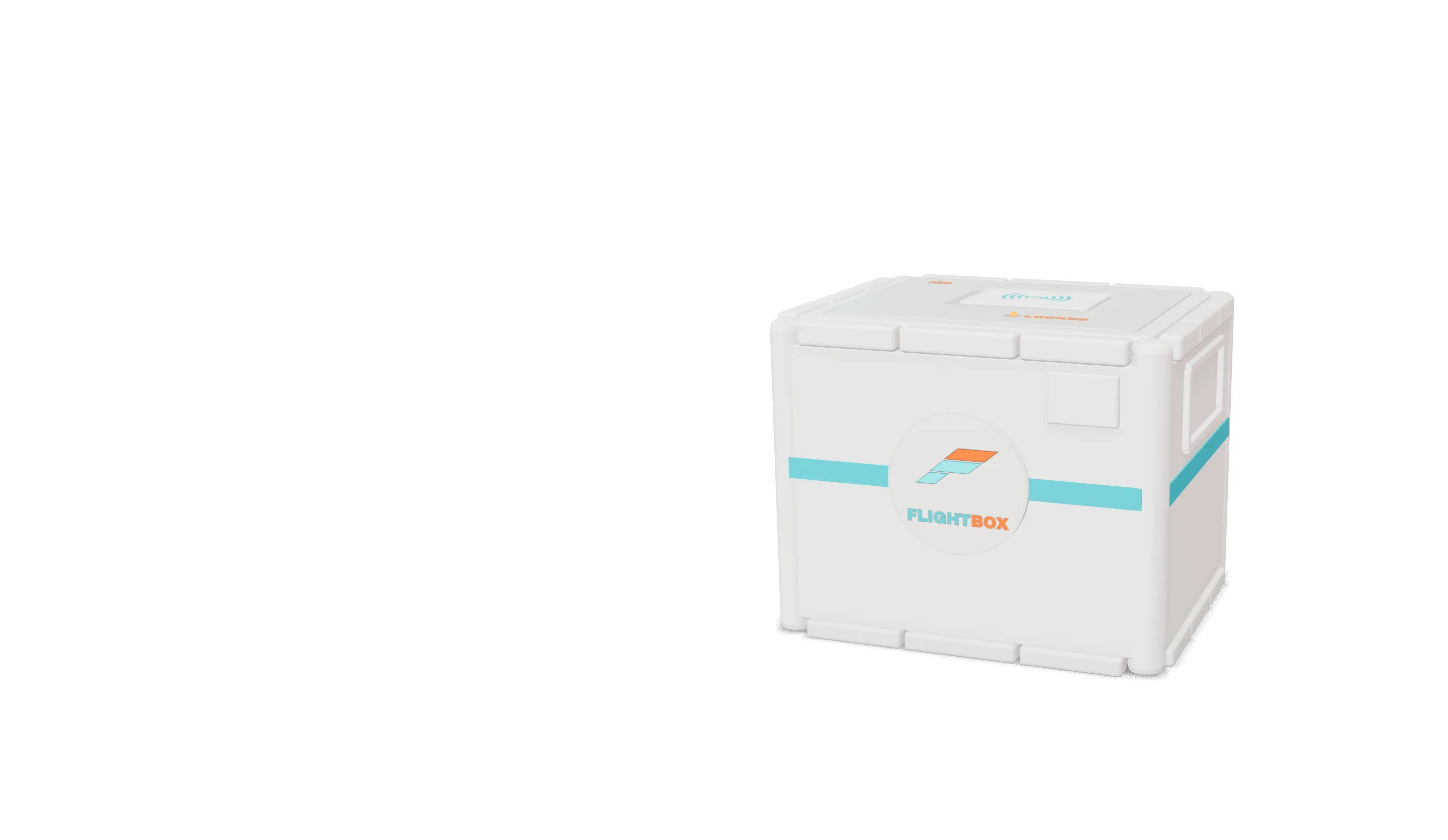 The Flightbox v2 unit, white with a teal band and the Flightbox logo disc, lid open and electronics labelled