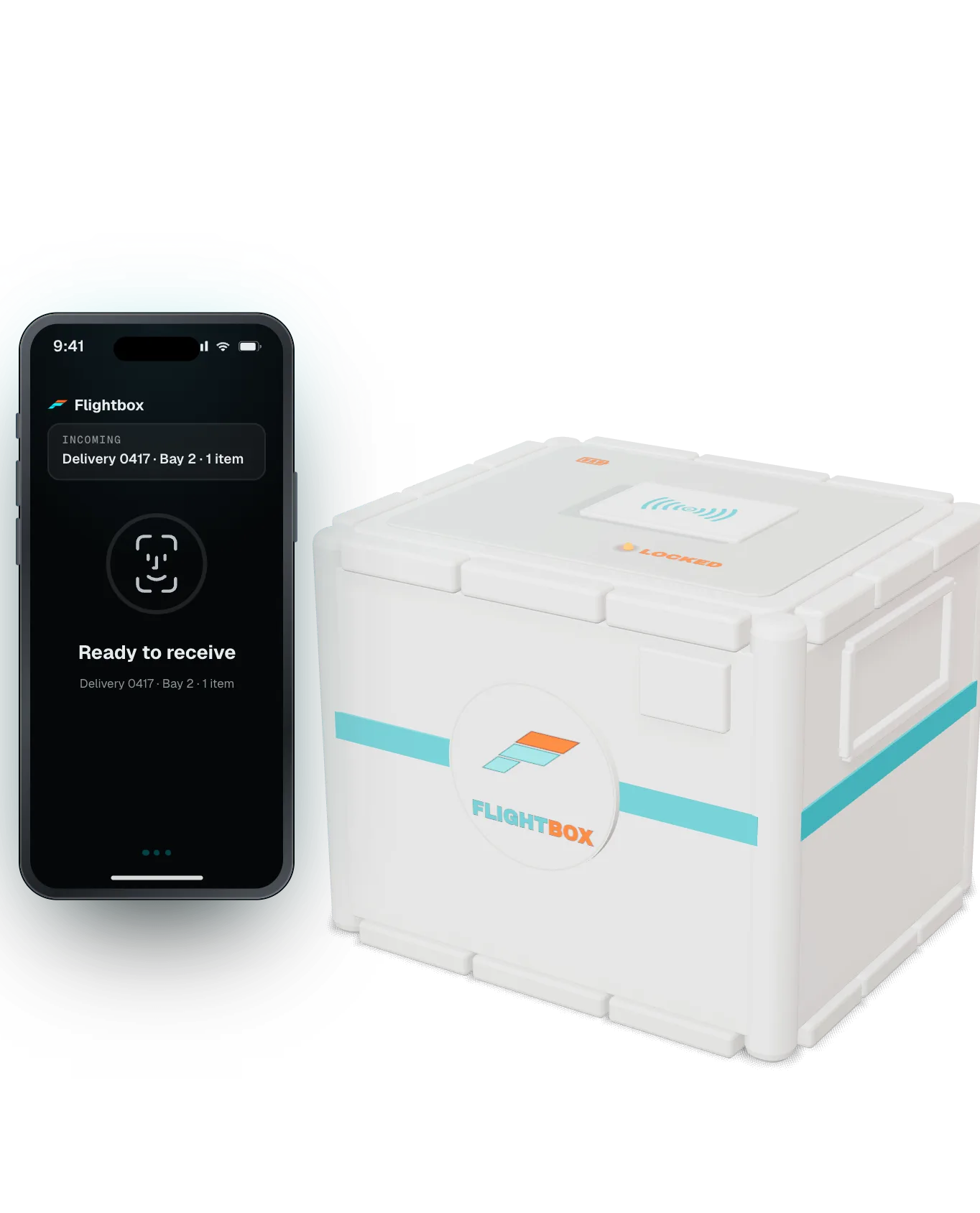 A phone ready to receive a delivery beside the closed Flightbox
